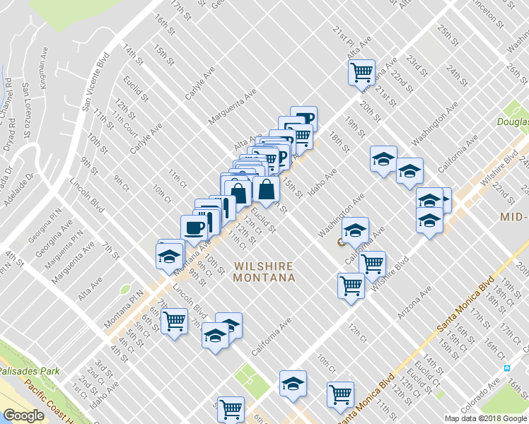 map of restaurants, bars, coffee shops, grocery stores, and more near 832 Euclid Street in Santa Monica