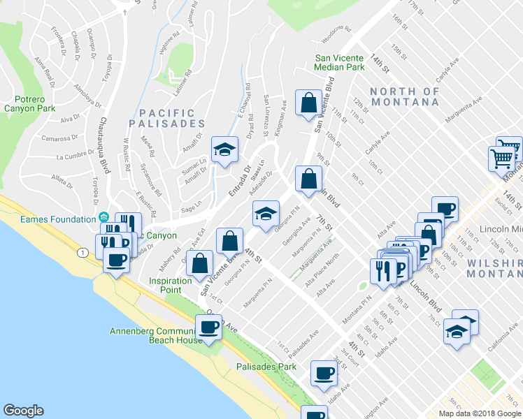 map of restaurants, bars, coffee shops, grocery stores, and more near 437 San Vicente Boulevard in Santa Monica