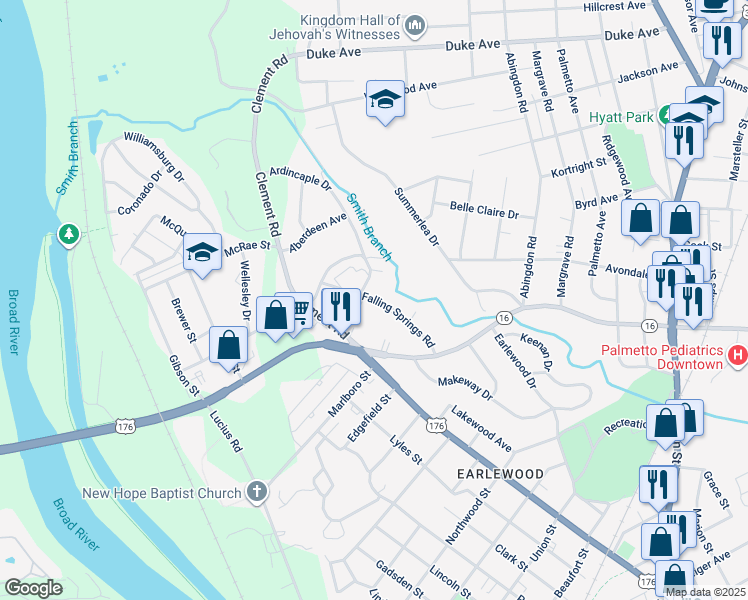 map of restaurants, bars, coffee shops, grocery stores, and more near 3637 Falling Springs Road in Columbia