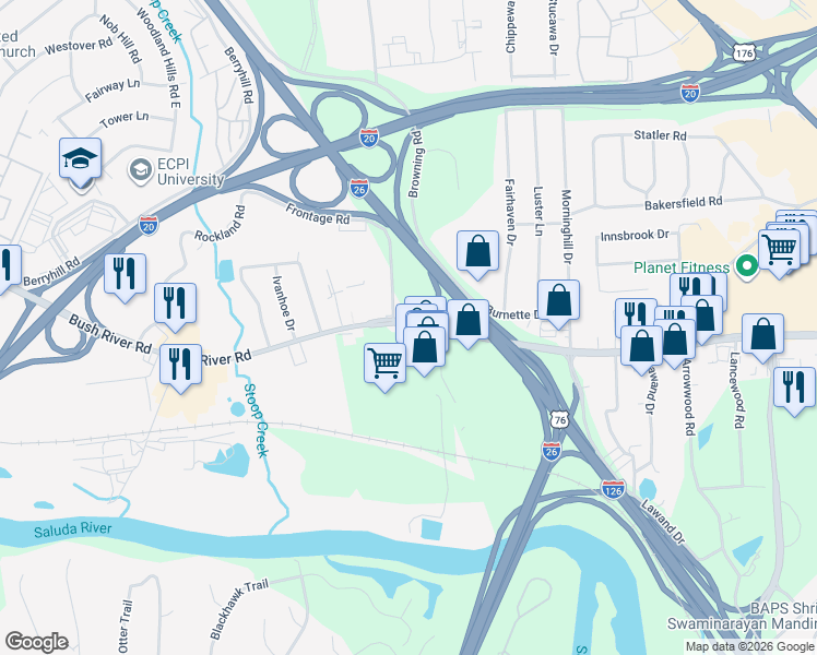 map of restaurants, bars, coffee shops, grocery stores, and more near 1330 Bush River Road in Columbia