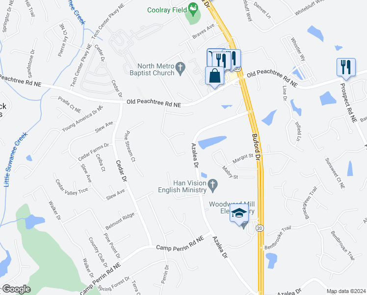 map of restaurants, bars, coffee shops, grocery stores, and more near 2250 Friars Gate Drive Northeast in Lawrenceville