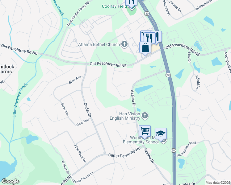 map of restaurants, bars, coffee shops, grocery stores, and more near 2300 Friars Gate Drive Northeast in Lawrenceville