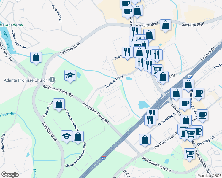 map of restaurants, bars, coffee shops, grocery stores, and more near 371 Northaven Avenue in Suwanee