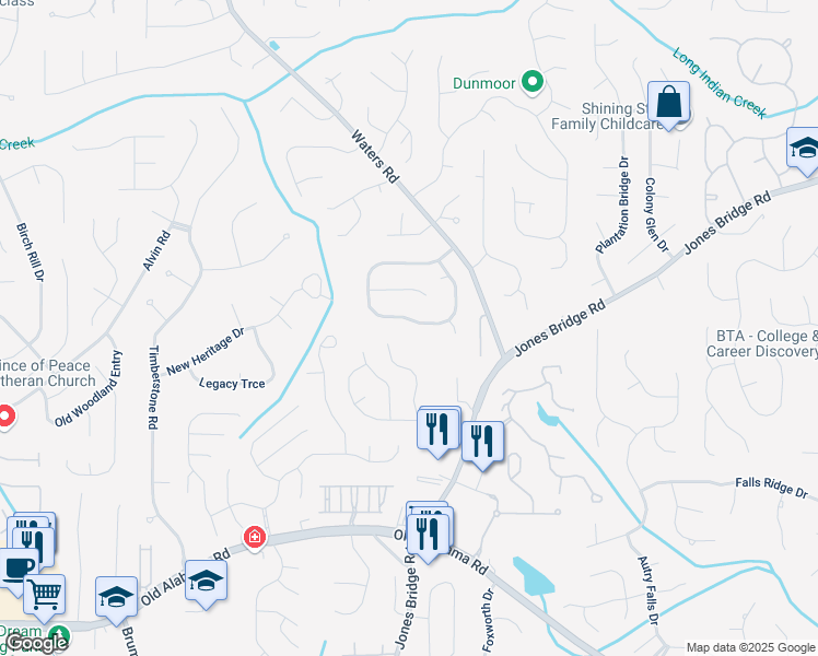 map of restaurants, bars, coffee shops, grocery stores, and more near 10065 Lauren Hall Court in Alpharetta
