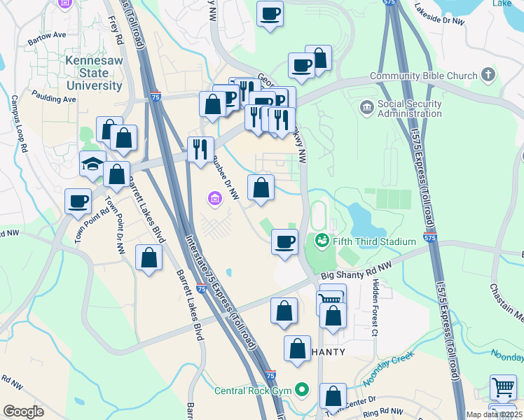 map of restaurants, bars, coffee shops, grocery stores, and more near 3316 Busbee Drive Northwest in Kennesaw
