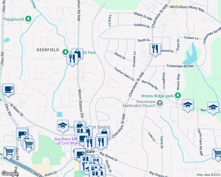 map of restaurants, bars, coffee shops, grocery stores, and more near 3181 Shirley Drive in Kennesaw