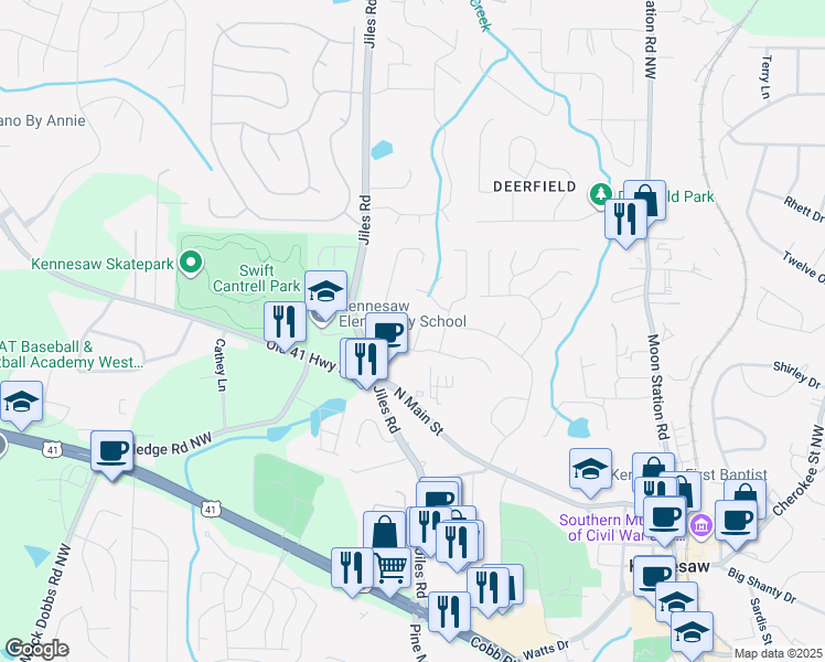map of restaurants, bars, coffee shops, grocery stores, and more near 1055 Kennesaw Springs Drive Northwest in Kennesaw