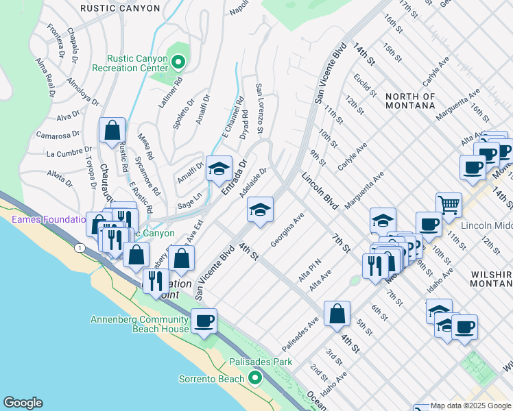 map of restaurants, bars, coffee shops, grocery stores, and more near 511 San Vicente Boulevard in Santa Monica
