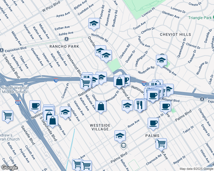 map of restaurants, bars, coffee shops, grocery stores, and more near 10748 National Boulevard in Los Angeles