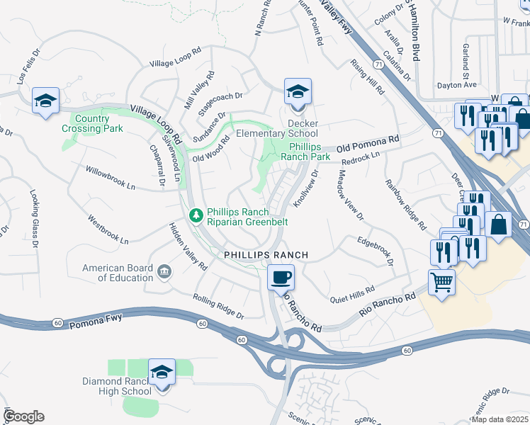 map of restaurants, bars, coffee shops, grocery stores, and more near 3 Sage Blossom Road in Pomona