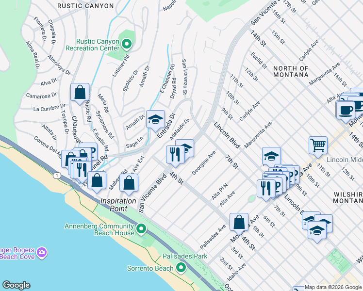 map of restaurants, bars, coffee shops, grocery stores, and more near 511 San Vicente Boulevard in Santa Monica
