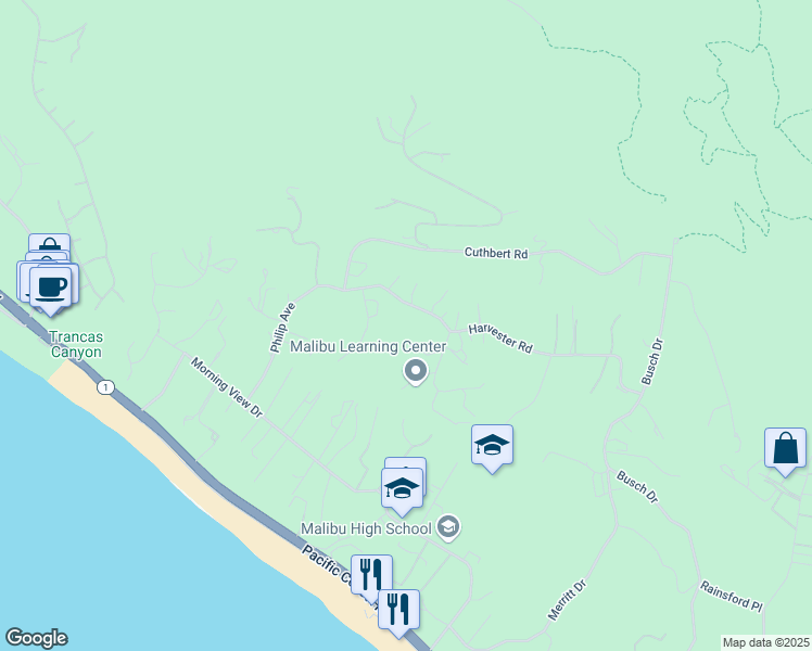 map of restaurants, bars, coffee shops, grocery stores, and more near 30060 Harvester Road in Malibu