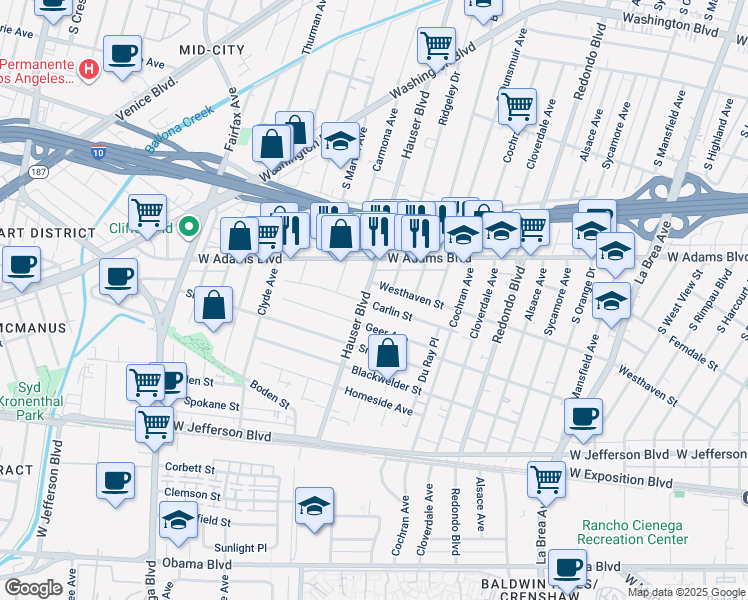 map of restaurants, bars, coffee shops, grocery stores, and more near 5459 Carlin Street in Los Angeles