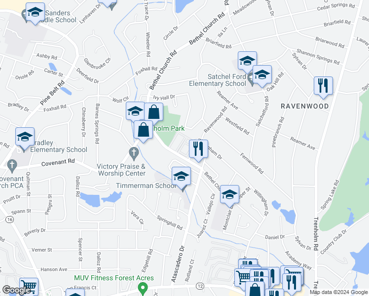 map of restaurants, bars, coffee shops, grocery stores, and more near 4214 Bethel Church Road in Columbia