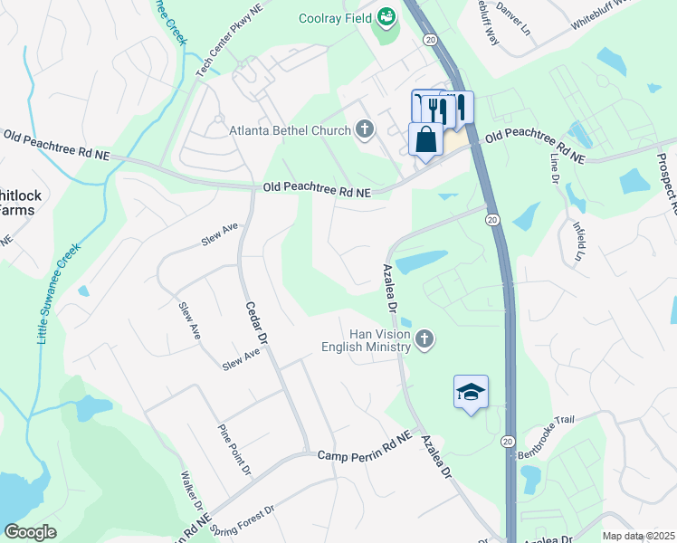 map of restaurants, bars, coffee shops, grocery stores, and more near 2300 Friars Gate Drive Northeast in Lawrenceville