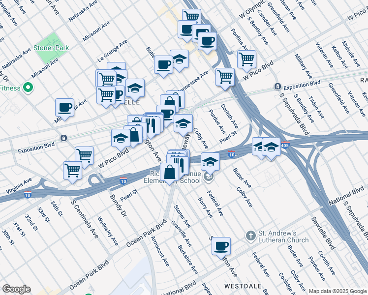 map of restaurants, bars, coffee shops, grocery stores, and more near 11574 W Gateway Blvd in Los Angeles