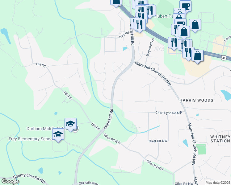 map of restaurants, bars, coffee shops, grocery stores, and more near 4941 Sherry Lane in Acworth