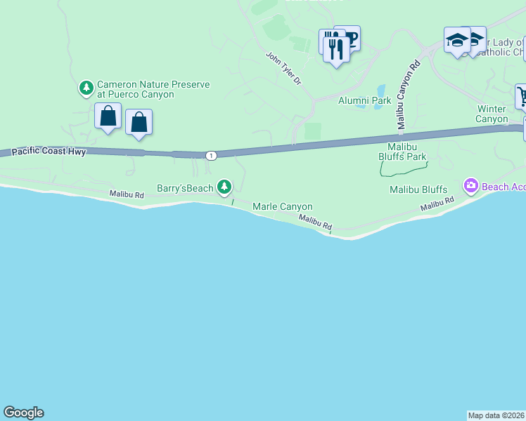 map of restaurants, bars, coffee shops, grocery stores, and more near 24620 Malibu Road in Malibu
