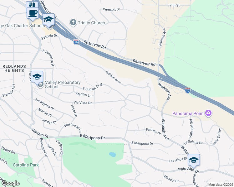 map of restaurants, bars, coffee shops, grocery stores, and more near 620 East Sunset Drive North in Redlands