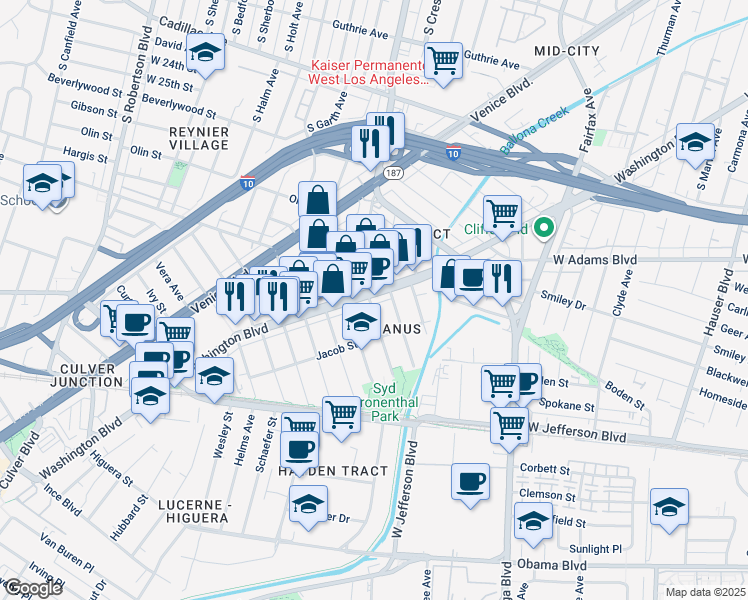 map of restaurants, bars, coffee shops, grocery stores, and more near 3115 Roberts Avenue in Culver City