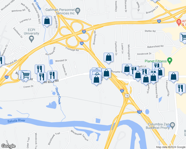 map of restaurants, bars, coffee shops, grocery stores, and more near 1208 Bush River Road in Columbia
