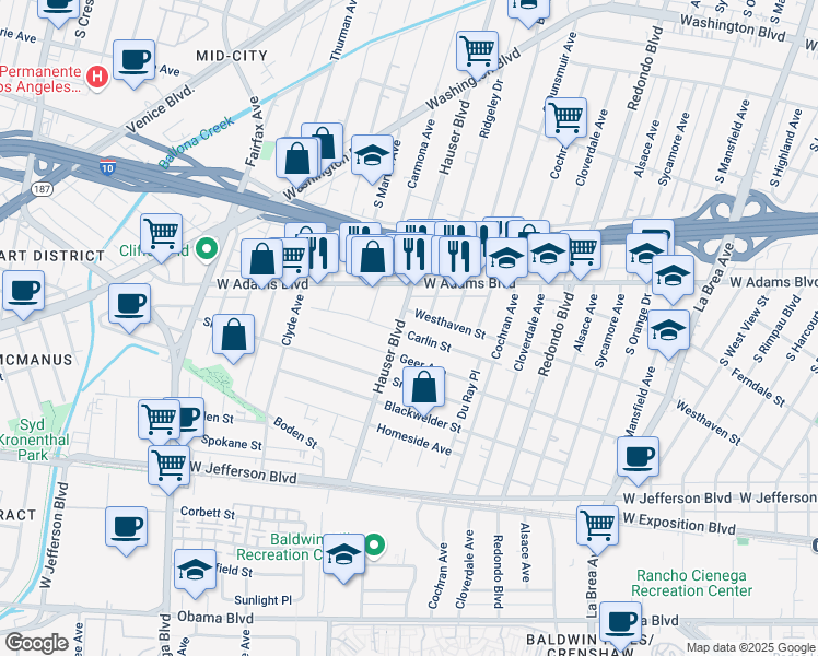 map of restaurants, bars, coffee shops, grocery stores, and more near 5503 Geer Avenue in Los Angeles