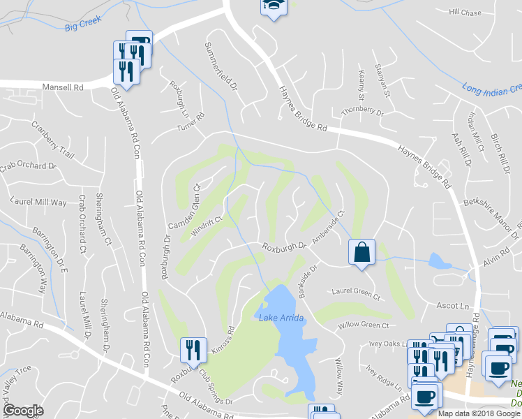 map of restaurants, bars, coffee shops, grocery stores, and more near 10265 Crescent Ridge Drive in Roswell