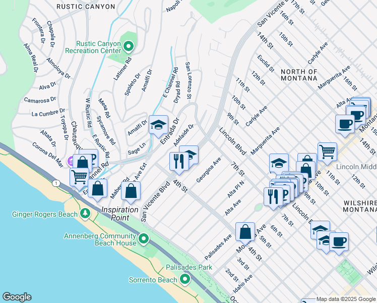 map of restaurants, bars, coffee shops, grocery stores, and more near 23rd Street in Santa Monica