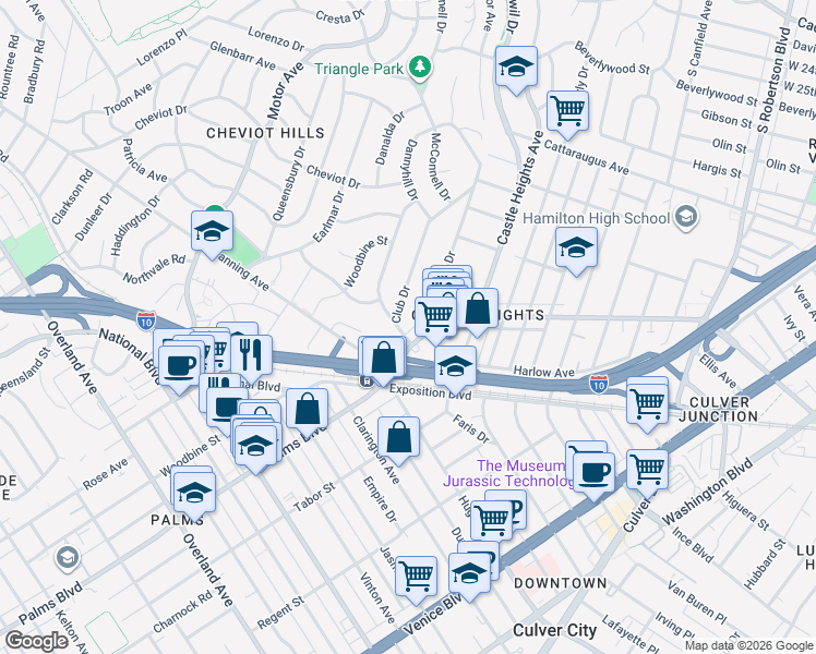 map of restaurants, bars, coffee shops, grocery stores, and more near 3431 Club Drive in Los Angeles