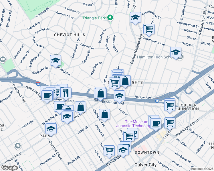 map of restaurants, bars, coffee shops, grocery stores, and more near 3431 Club Drive in Los Angeles