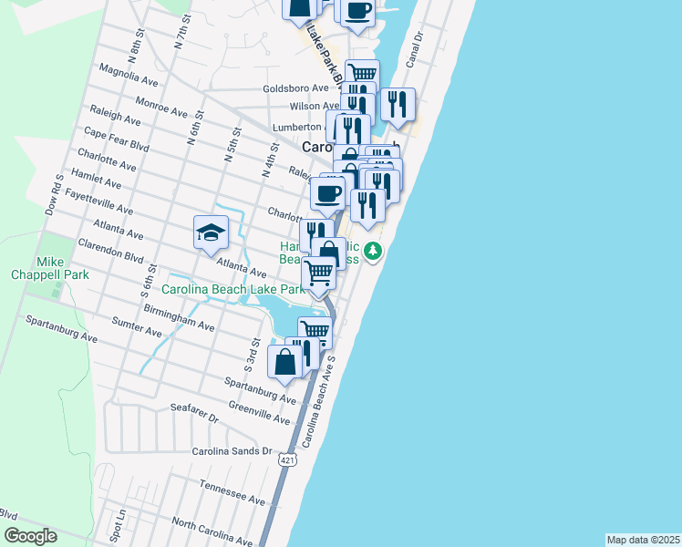 map of restaurants, bars, coffee shops, grocery stores, and more near 303 Carolina Beach Avenue South in Carolina Beach