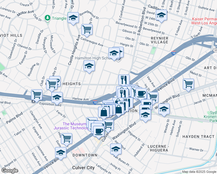 map of restaurants, bars, coffee shops, grocery stores, and more near 9128 National Boulevard in Los Angeles