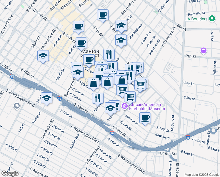 map of restaurants, bars, coffee shops, grocery stores, and more near 931 East Pico Boulevard in Los Angeles
