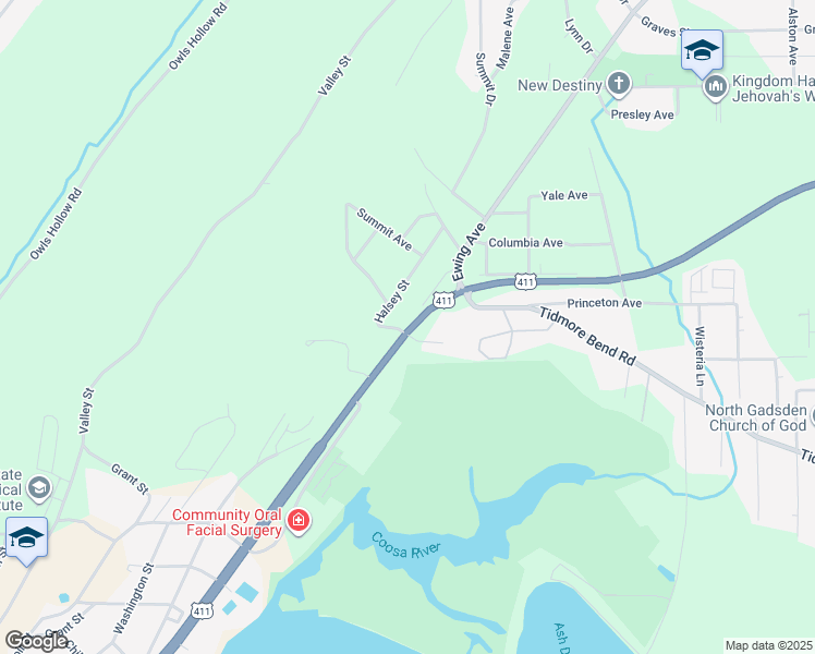 map of restaurants, bars, coffee shops, grocery stores, and more near 1102 Ewing Avenue in Gadsden
