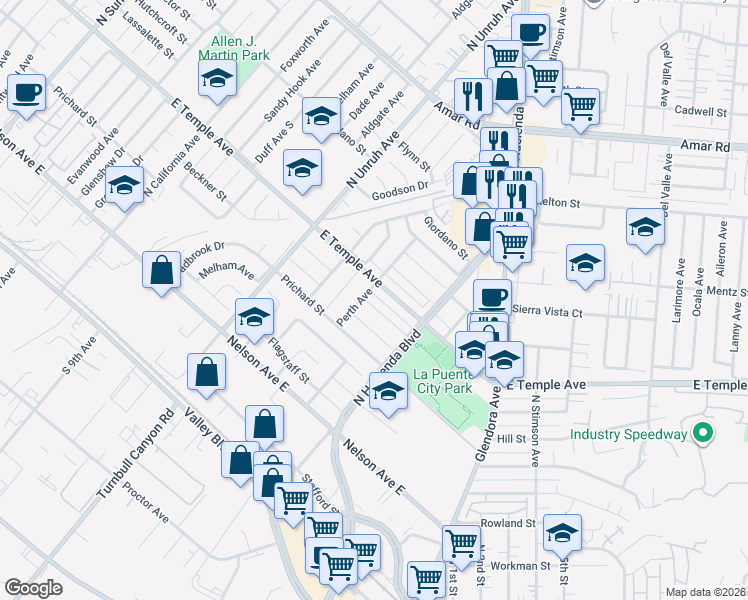 map of restaurants, bars, coffee shops, grocery stores, and more near 15409 Hartsville Street in La Puente