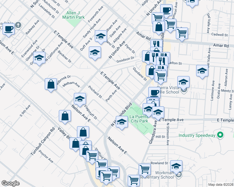 map of restaurants, bars, coffee shops, grocery stores, and more near 15439 Hartsville Street in La Puente