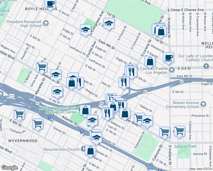 map of restaurants, bars, coffee shops, grocery stores, and more near 3226 Inez Street in Los Angeles