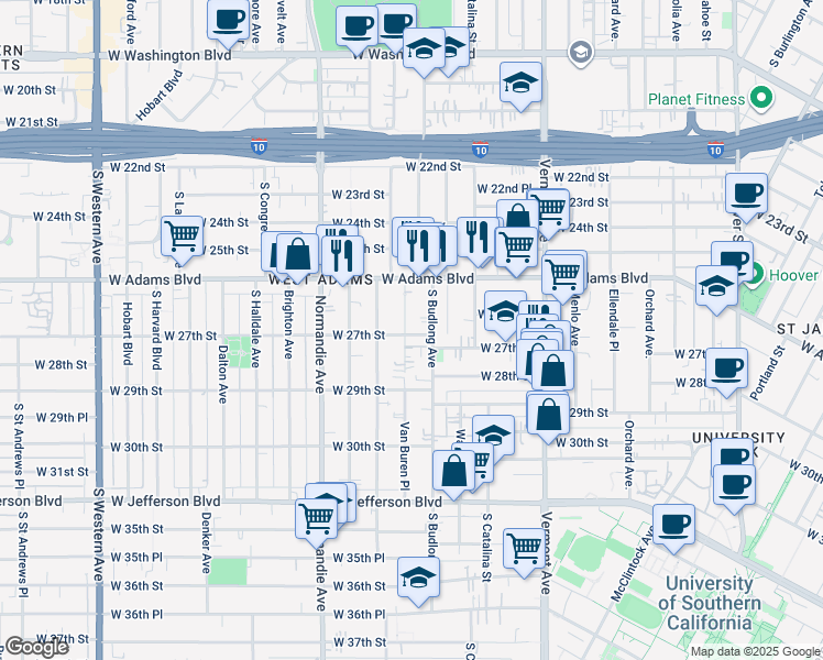 map of restaurants, bars, coffee shops, grocery stores, and more near 2711 South Budlong Avenue in Los Angeles