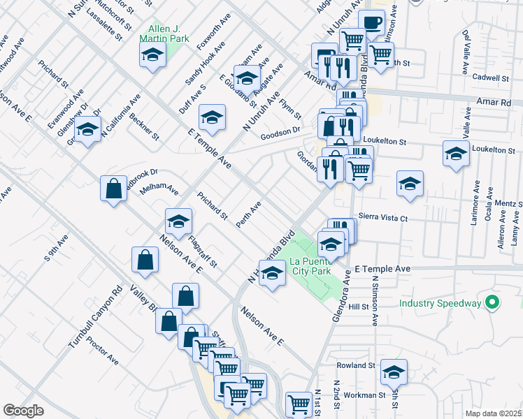map of restaurants, bars, coffee shops, grocery stores, and more near 15409 Hartsville Street in La Puente