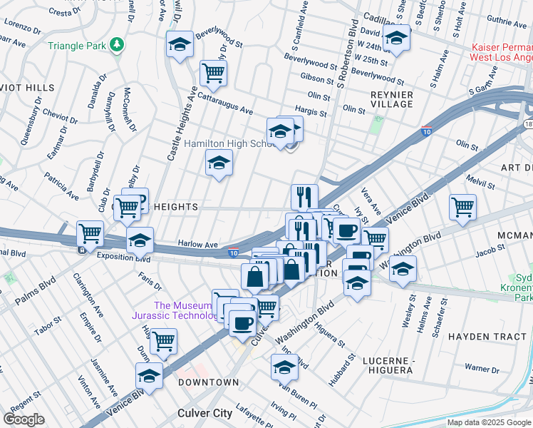 map of restaurants, bars, coffee shops, grocery stores, and more near 9128 National Boulevard in Los Angeles