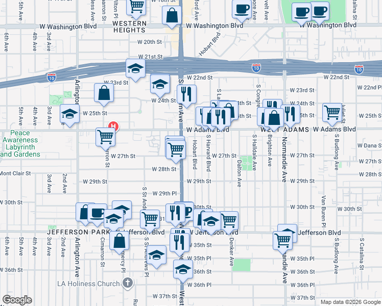 map of restaurants, bars, coffee shops, grocery stores, and more near 2651 South Hobart Boulevard in Los Angeles