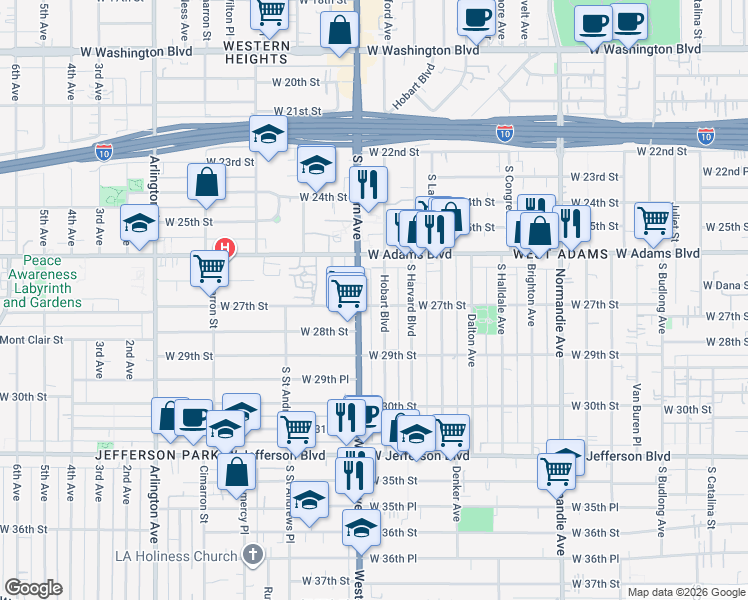 map of restaurants, bars, coffee shops, grocery stores, and more near 2651 South Hobart Boulevard in Los Angeles