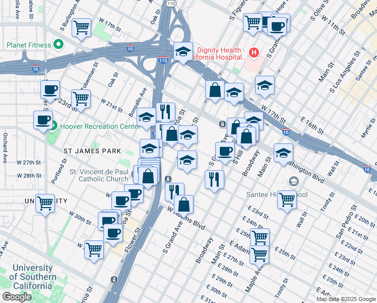 map of restaurants, bars, coffee shops, grocery stores, and more near 400 West Washington Boulevard in Los Angeles