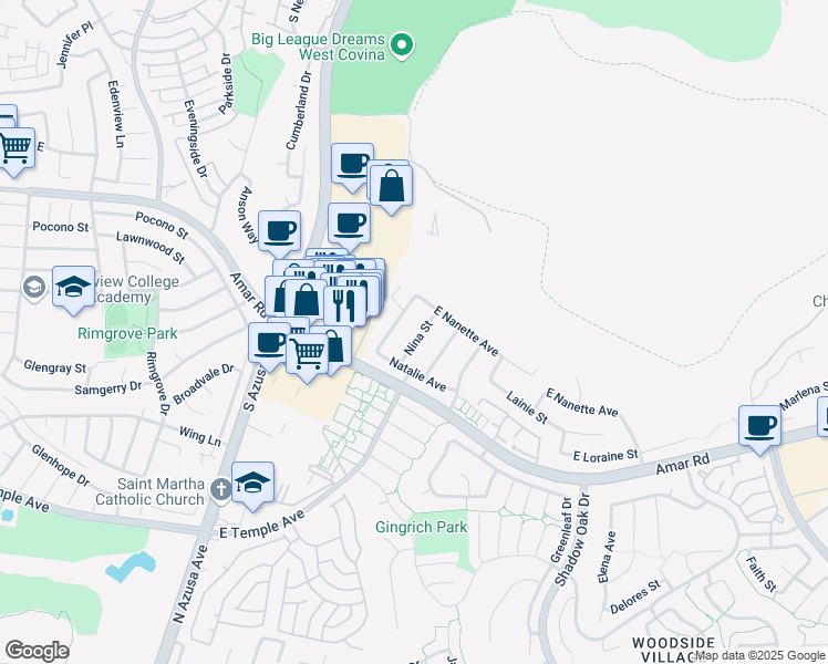 map of restaurants, bars, coffee shops, grocery stores, and more near 2427 Nina Street in West Covina
