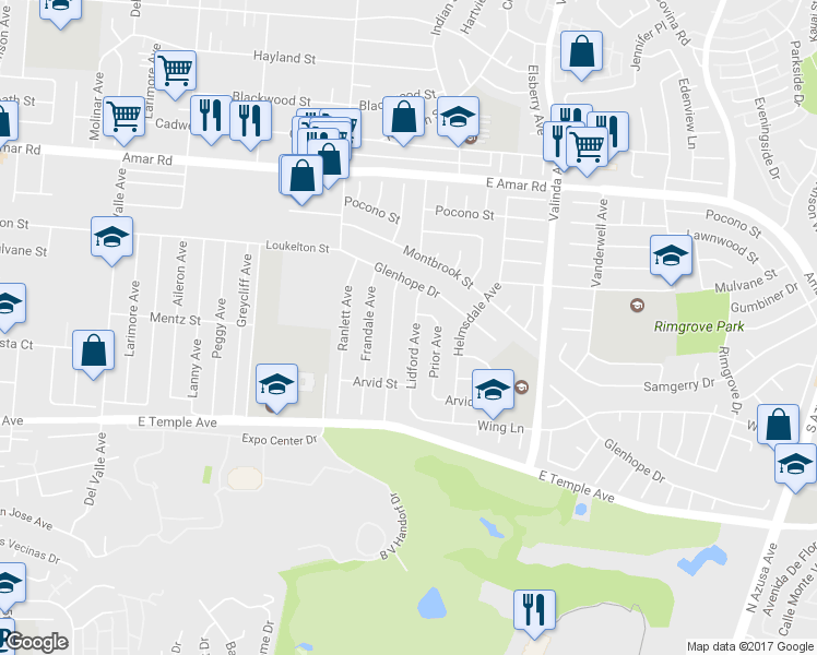map of restaurants, bars, coffee shops, grocery stores, and more near 665 Lidford Avenue in La Puente