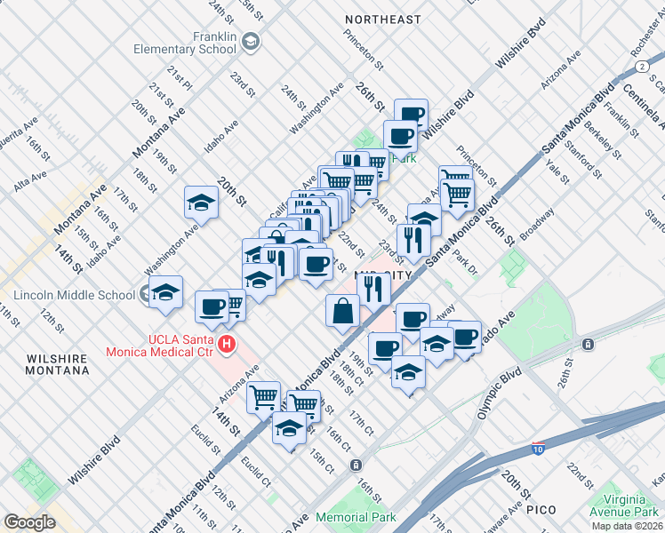 map of restaurants, bars, coffee shops, grocery stores, and more near in Santa Monica