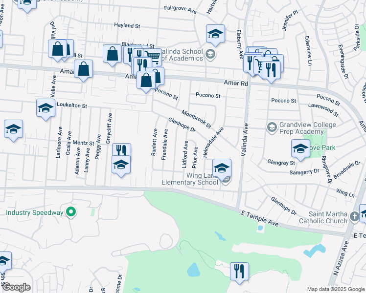 map of restaurants, bars, coffee shops, grocery stores, and more near 665 Lidford Avenue in La Puente