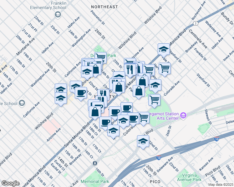 map of restaurants, bars, coffee shops, grocery stores, and more near 2232 Santa Monica Boulevard in Santa Monica