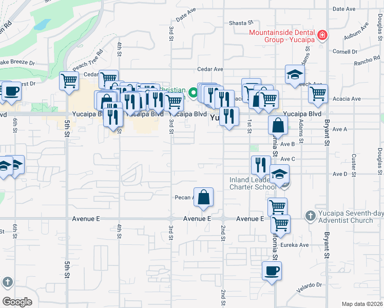 map of restaurants, bars, coffee shops, grocery stores, and more near 12279 3rd Street in Yucaipa