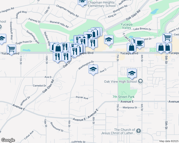 map of restaurants, bars, coffee shops, grocery stores, and more near 33661 Avenue C in Yucaipa
